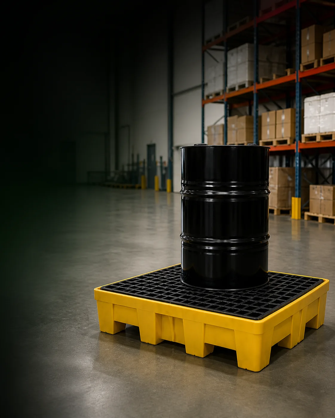 Representative warehouse application with a drum on a yellow containment pallet