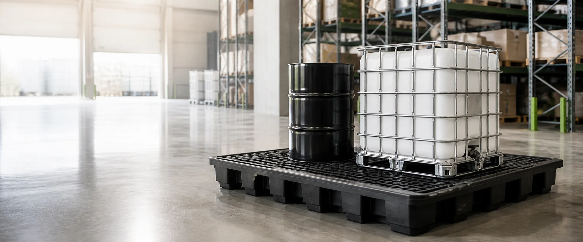 Representative warehouse secondary-containment application with a drum and IBC tote